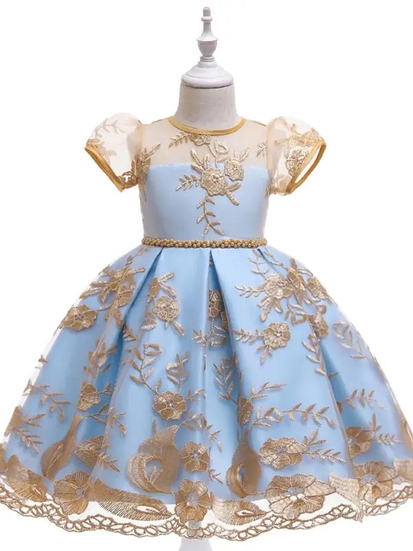 Girl's Floral Embroidery Bow Decor Satin Dress, Elegant Zipper Back A Line Dress for Party Performance Wedding Guest, Kids Cl...