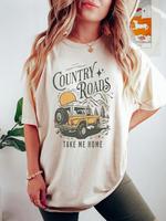 Women's Cartoon & Country Roads Take Me Home Print Round Neck Tee, Vintage Trendy Casual Short Sleeve T-shirt for Daily Wear...