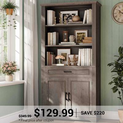 SEDETA 70 Inch Farmhouse Bookcases with Doors and Drawer Floor Standing 6 Shelf Display Storage Shelves Grey Home Office Furn...