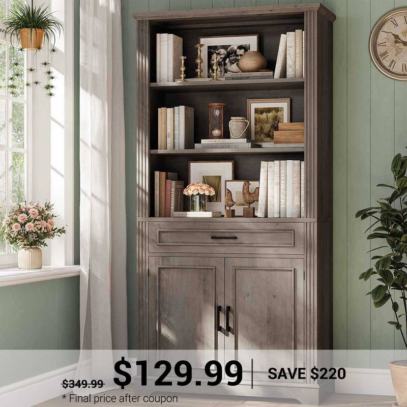 SEDETA 70 Inch Farmhouse Bookcases with Doors and Drawer Floor Standing 6 Shelf Display Storage Shelves Grey Home Office Furn...