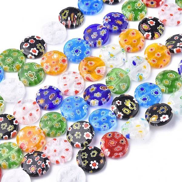 Flat Round Handmade Millefiori Glass Beads Strands