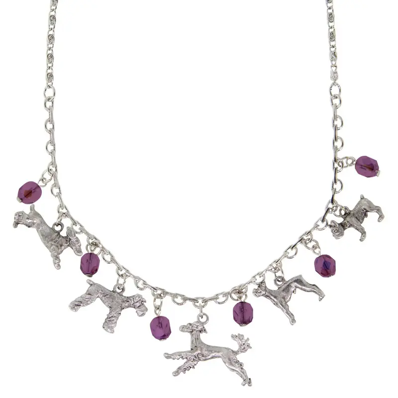 Silver Tone Purple Crystal Beaded Multi Dog Drop Necklace 16\