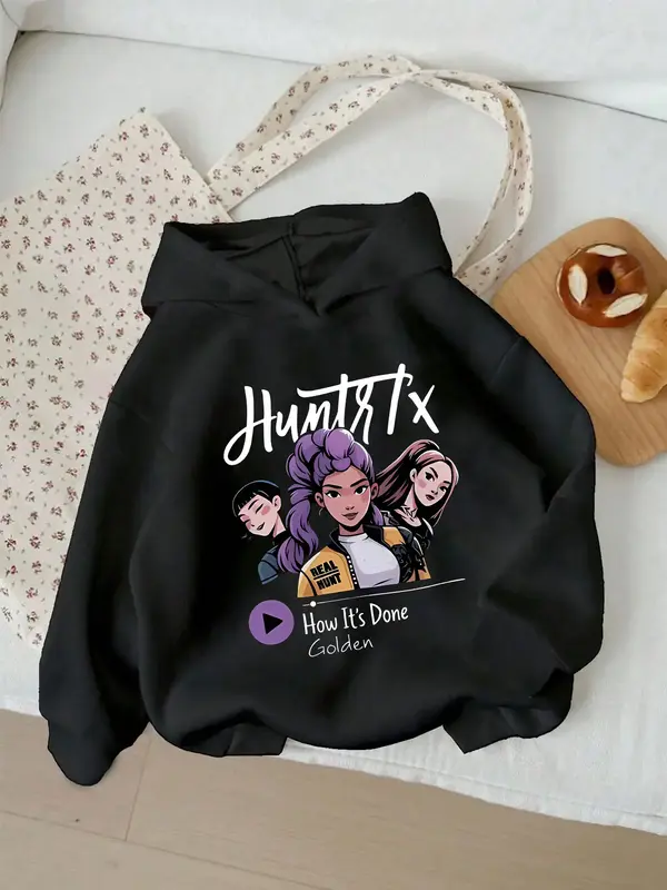 Girls' Kpop Hunter Series Hoodie, Long Sleeve Cartoon Print Pullover, Casual Comfortable Spring & Fall Fashion, Fitted Style