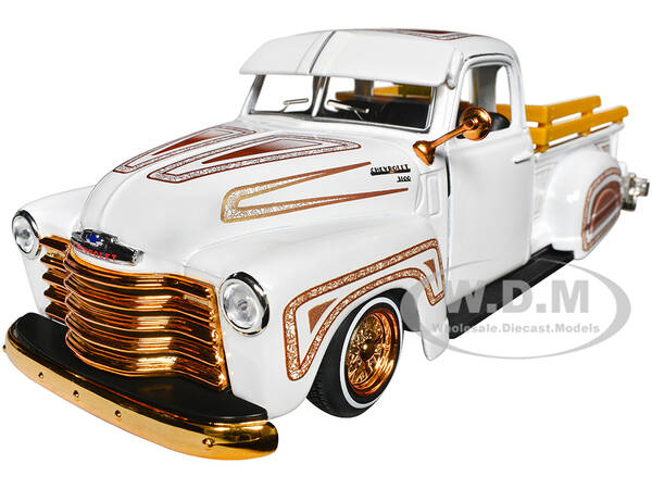 1950 Chevrolet 3100 Pickup Truck Lowrider White with Graphics and Gold Wheels \