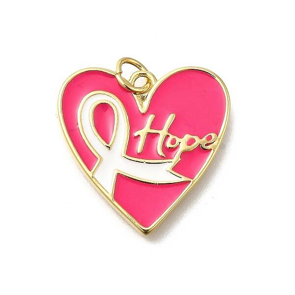 October Breast Cancer Pink Awareness Ribbon Brass Enamel Pendants