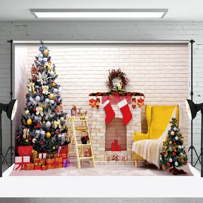 Aperturee Beige Bricks Wall Fireplace Tree Christmas Backdrop