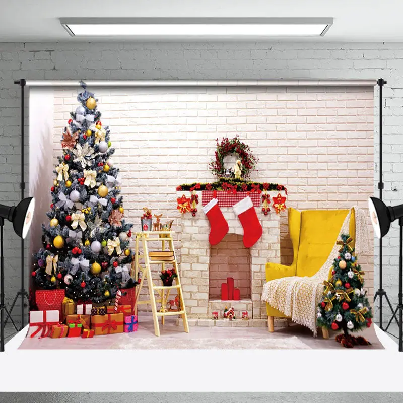 Aperturee Beige Bricks Wall Fireplace Tree Christmas Backdrop