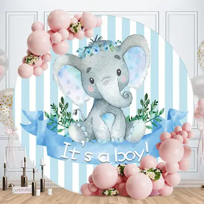 Aperturee White-Blue Stripe Elephant Round Baby Shower Backdrop