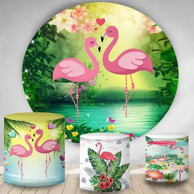 Aperturee Love Flamingo Round Floral Valentines Day Backdrop Kit | Happy Valentines Day Banner | Valentine Photo Backdrop | V...
