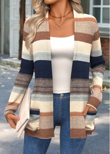 Modlily Multi Color Curved Hem Striped Long Sleeve Knit Cardigan - L