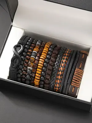 Men's Fashion Beaded & Braided Link Bracelet (12pcs), Fashion Jewelry for Party, Daily Clothing Decor, Trendy All-match & Exq...