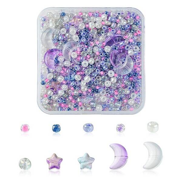 12Pcs 4 Style Moon & Star Transparent Spray Painted Glass Beads