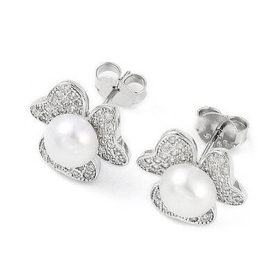 Anti-Tarnish Cubic Zirconia Flower with Natural Pearl Stud Earrings