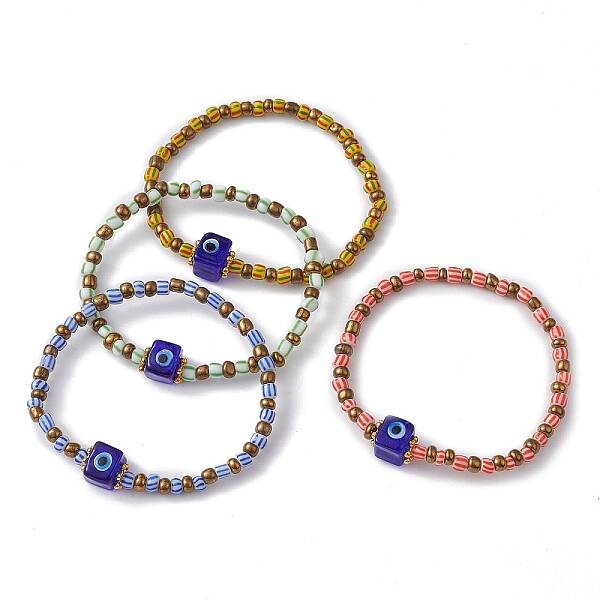 Evil Eye Lampwork & Glass Seed Beaded Stretch Bracelet