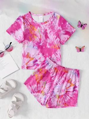 Two-Piece Set Girl's Tie Dye Print Tee & Elastic Waist Shorts Set, Casual Short Sleeve T-shirt & Shorts, Summer Outfits Cloth...