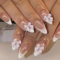 24 count  Tip Press on Nails Gloss Short Almond  Nails Bow Designs White  Nails  Press ons Cute False Nails Artificial Rhines...