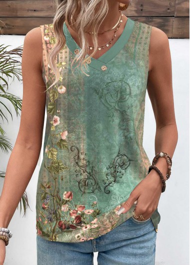 Modlily Green Patchwork Tribal Print Sleeveless V Neck T Shirt - XXL