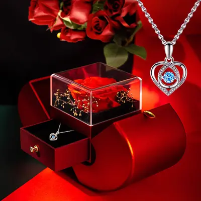 Preserved Real Rose with Necklace Gift Box Set, Eternal Rose Flowers Gifts for Anniversary Birthday Mother's Day, Jewelry Set...
