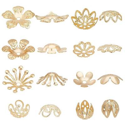Beebeecraft 80Pcs/Box 8 Style Bead Caps 24K Gold Plated Brass Flower End Caps Loose Beads for Bracelet Necklace DIY Jewelry M...