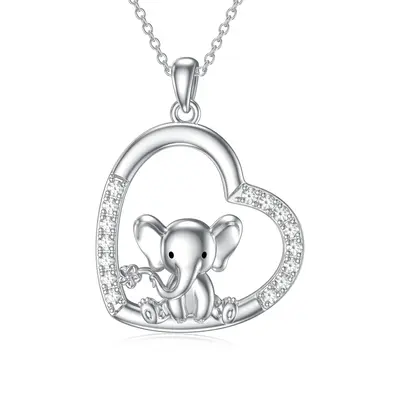 Sterling Silver Cubic Zirconia Elephant & Heart Pendant Necklace