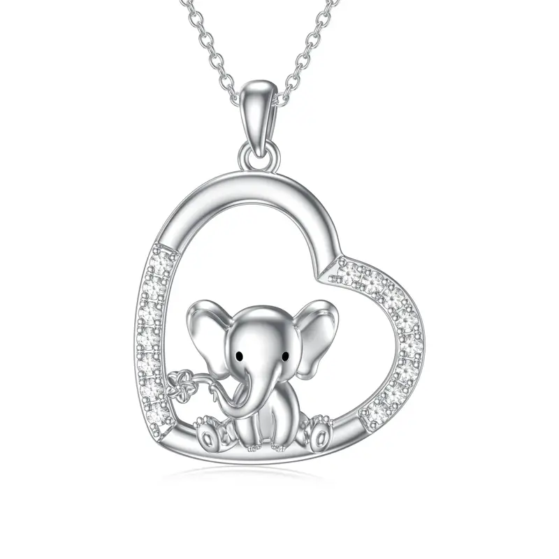 Sterling Silver Cubic Zirconia Elephant & Heart Pendant Necklace