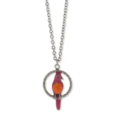 Pewter Orange & PInk Enamel Parrot Hoop Necklace 16\