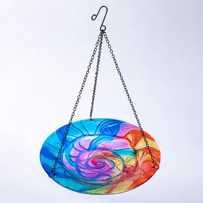 Colorful Glass Hanging Bird Bath & Feeder - Hummingbird