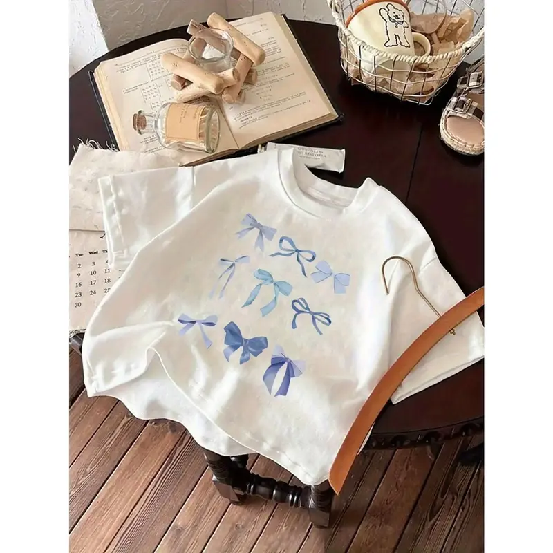 Cute Bow Tshirt for Girls - Short Sleeve Round Neck Pullover in Pure Cotton for Summer Comfortable & Breathable Casual Style