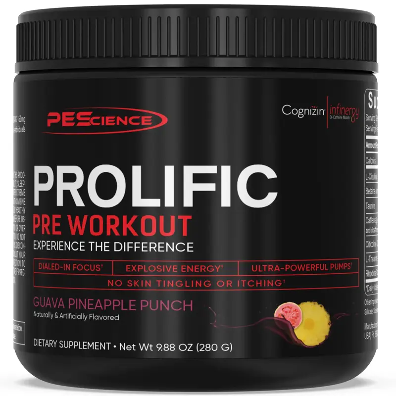 PEScience Prolific Pre-Workout Supplement Powder - Beta Alanine-Free, Tingle-Free - Smooth Energy and Powerful Pump