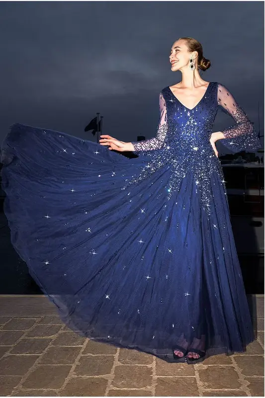 Goddiva Sunray Hand Embellished Sequin A-Line Bell Sleeve Maxi Dress - Navy Blue