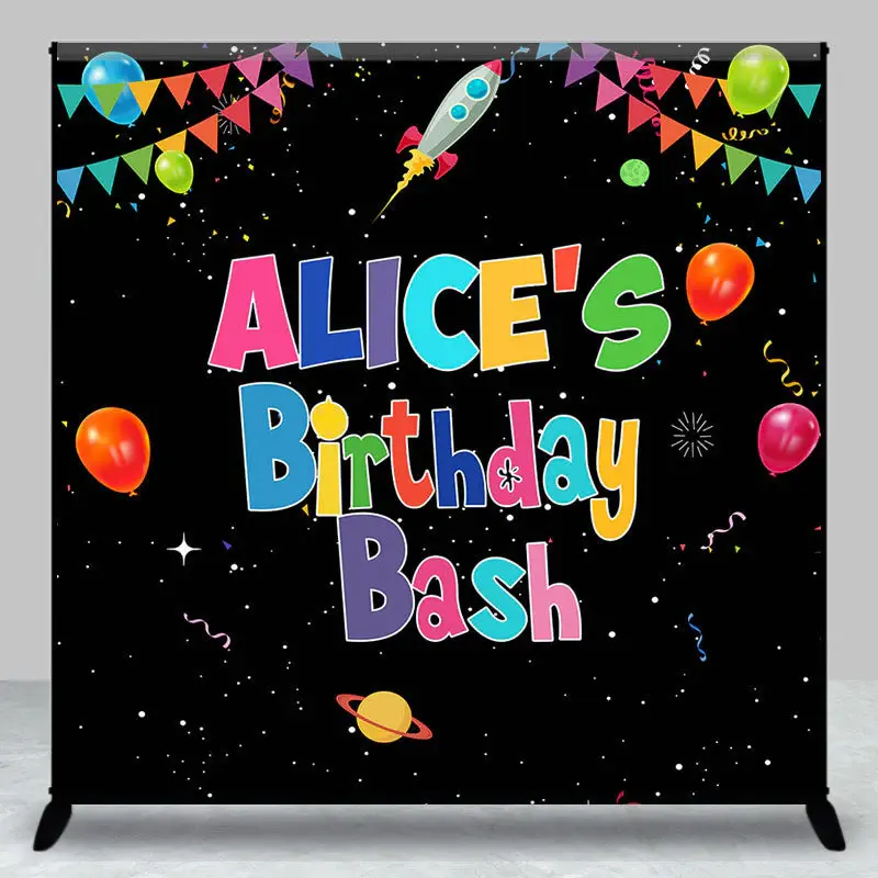 Black Galaxy Colorful Custom Name Birthday Backdrop - Aperturee