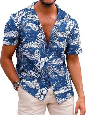 Hawaiian Floral Beach Shirts (US Only), Blue- Palm Leaf / L