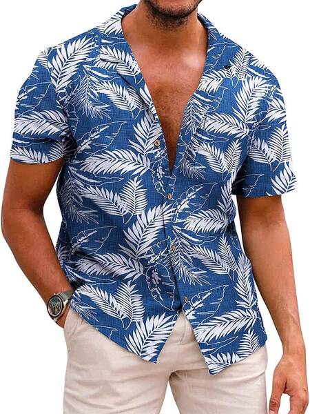 Hawaiian Floral Beach Shirts (US Only), Blue- Palm Leaf / L