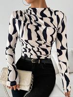 Women's All Over Print Ruched Mock Neck Tee, Casual Long Sleeve T-shirt for Fall & Winter, Women's Top Clothing for Daily Wea...