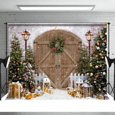 Christmas Tree Wreath Brown Gate Photo Backdrop - Aperturee