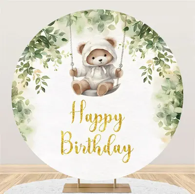Greenery Teddy Bear Swing Round Birthday Backdrop - Aperturee