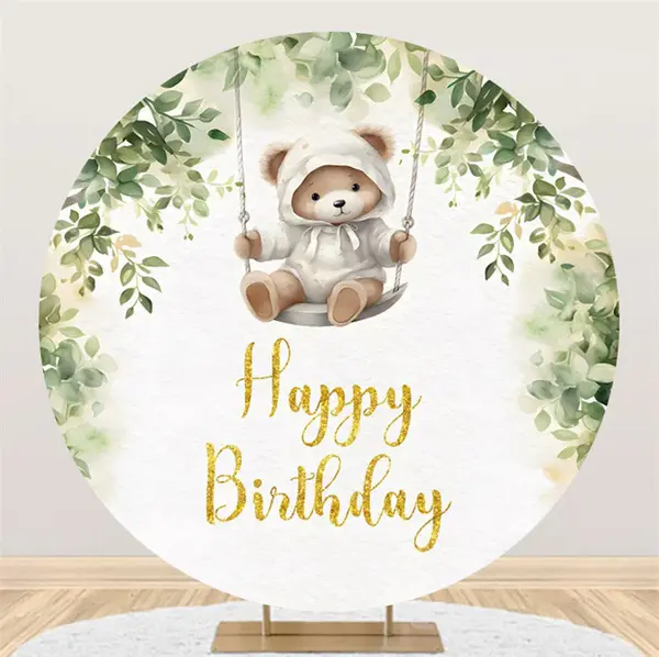 Greenery Teddy Bear Swing Round Birthday Backdrop - Aperturee