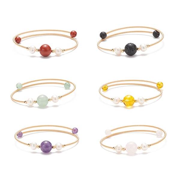 Natural Gemstone & Pearl Round Beaded Bangle
