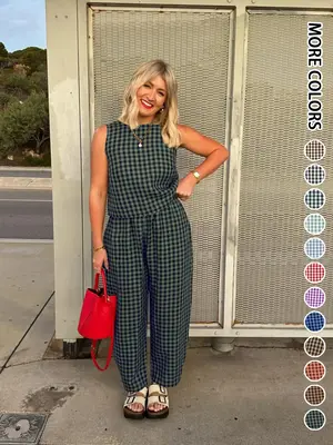 Women's Plaid Print Tank Top & Pants Two-piece Set, Casual Sleeveless Top & Pants for Summer, Ladies Clothes for Daily Wear, ...