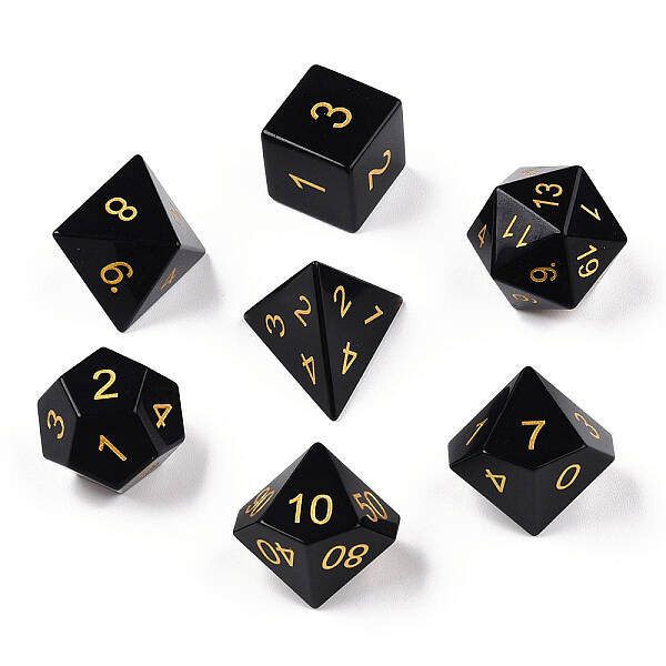 Metal Enlaced Natural Obsidian Polyhedral Dice Set