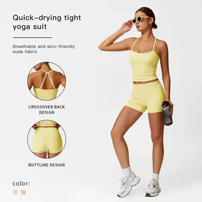 MFVIM Women's Yoga Wear Backless Lace Up Sports Bra and High Waisted Hip Lifting Shorts Matching Workout Set butt-lifting Pil...