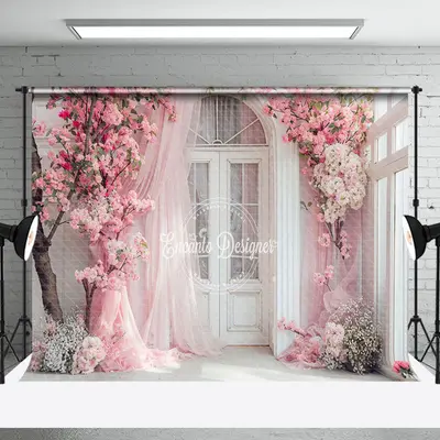 Pink Curtain White Arch Door Floral Wedding Backdrop
