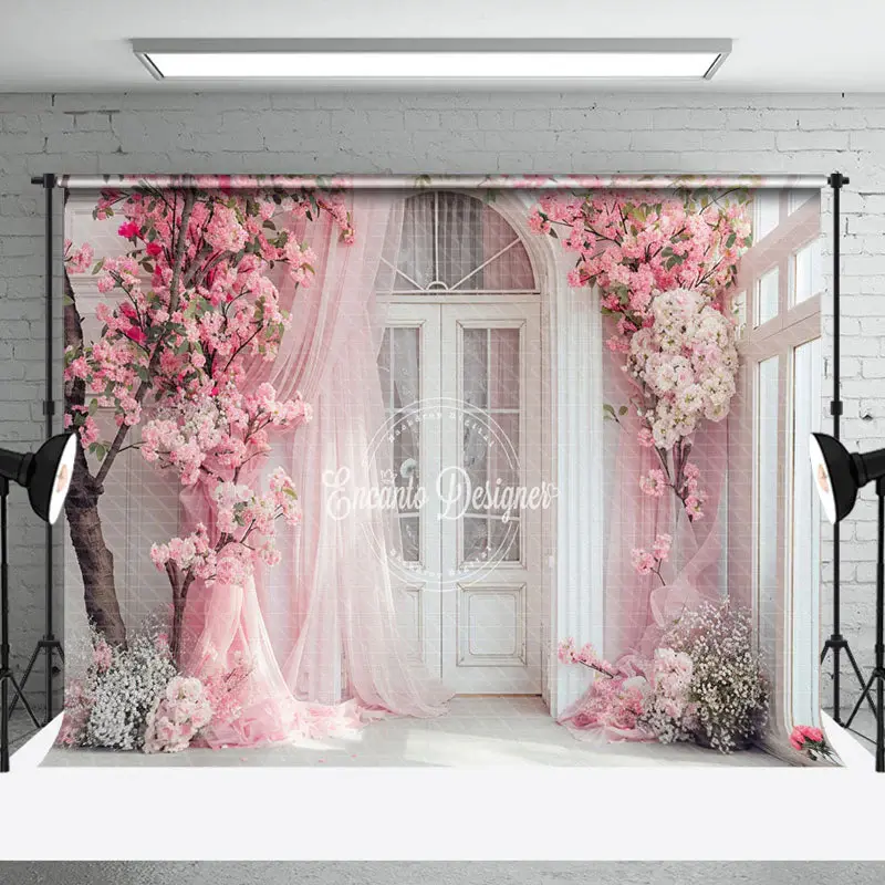 Pink Curtain White Arch Door Floral Wedding Backdrop