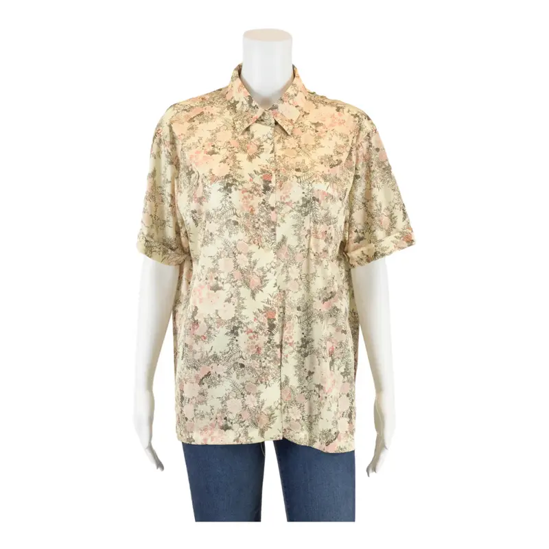 CV CHARLES JUGELE Cream 90s Collared Floral Short Sleeve Blouse Womens L