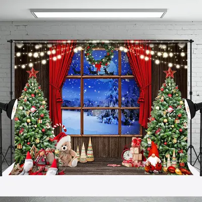 Aperturee Gnome Trees Snowy Window Scene Christmas Backdrop - Aperturee