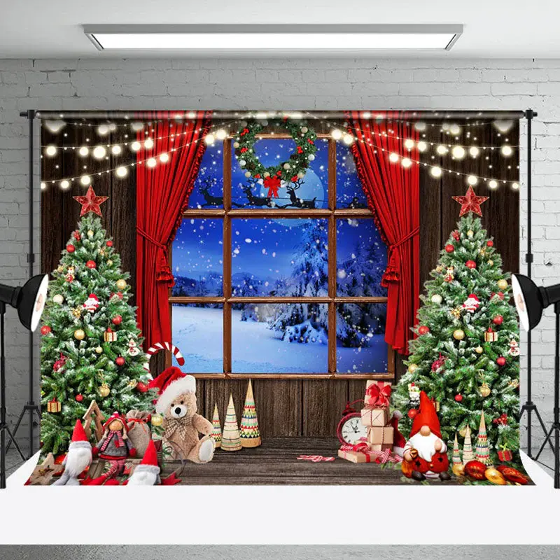 Aperturee Gnome Trees Snowy Window Scene Christmas Backdrop - Aperturee