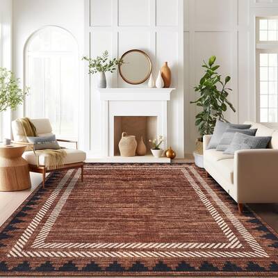 Garvee Washable Area Rug 8x10 Modern Neutral Living Room Rug Brown Non Slip,Border Geometric Carpet for Bedroom,Soft Non Shed...