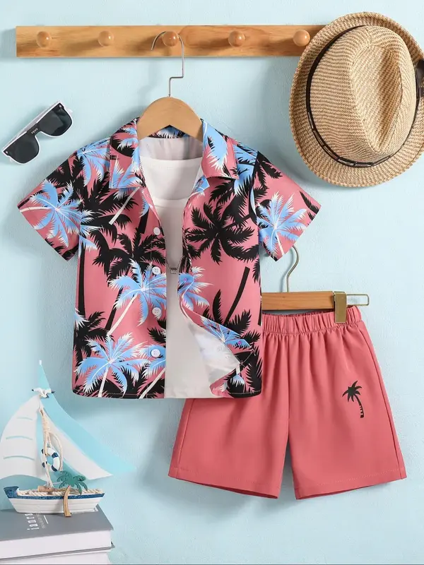 Two-Piece Set Toddler Boy's Palm Tree Print Short Sleeve Shirt & Elastic Waist Shorts, Casual Summer Clothes for Kids Beach V...