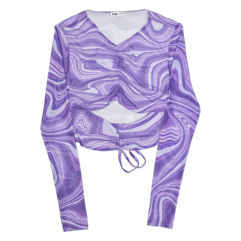 FB SISTER Ruched Marble Design Womens Printed Top Purple Long Sleeve S