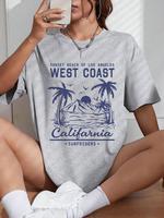 Women's Sunset Beach & Coconut Tree Print Vintage Graphic Tees, T Shirts for Women, Back To School Outfits, Casual Half Sleev...